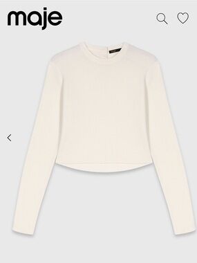 Maje Cream Ribbed Long-Sleeve Cropped Top